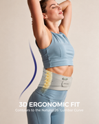 Woman wearing the NACRE FORM™ heated lumbar support belt with adjustable straps and an ergonomic 3D contoured design that follows the natural curve of the lower back. This wearable lower back massager combines heat and vibration massage with supportive waist coverage for everyday comfort, muscle relaxation and convenient at-home self-care.
