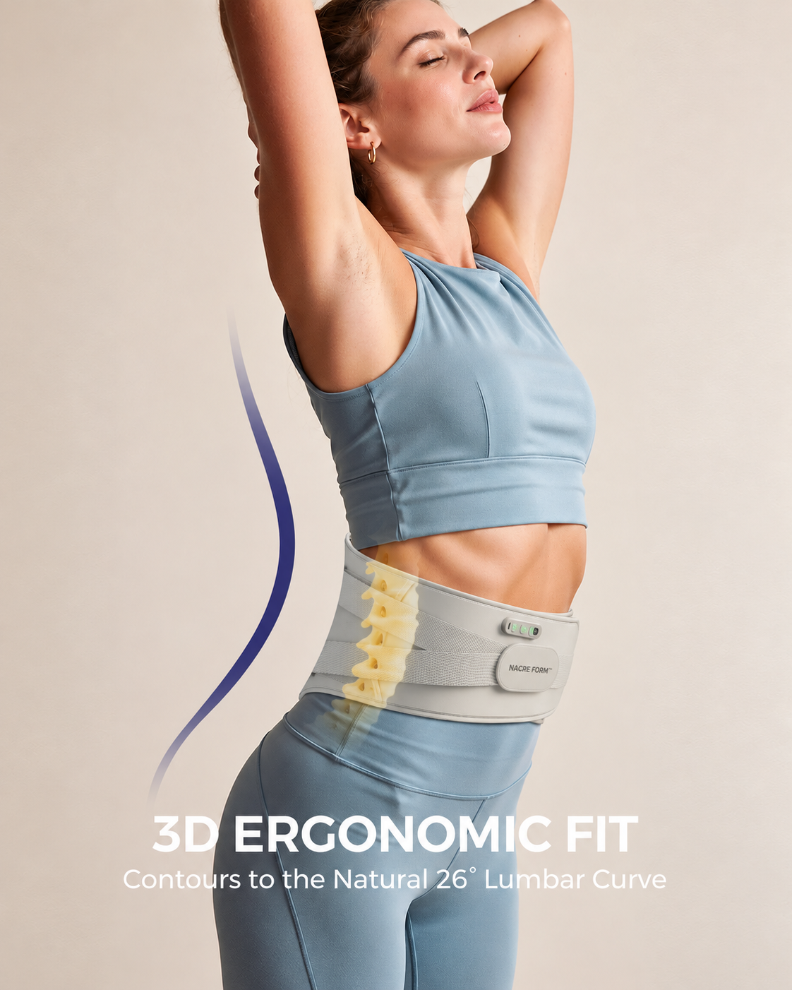 Woman wearing the NACRE FORM™ heated lumbar support belt with adjustable straps and an ergonomic 3D contoured design that follows the natural curve of the lower back. This wearable lower back massager combines heat and vibration massage with supportive waist coverage for everyday comfort, muscle relaxation and convenient at-home self-care.
