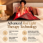 Woman relaxing in bed with the NACRE FORM™ Full Body Red Light Therapy Blanket in a premium home wellness setting. The flexible wraparound LED therapy blanket features illuminated red light panels and advanced dual-wavelength technology combining 660nm red light and 850nm near-infrared light. The product infographic highlights 2,520 LEDs for extensive full-body coverage, irradiance exceeding 170 mW/cm² and adjustable 10Hz and 40Hz pulsed modes, making this convertible red light therapy blanket a versatile 
