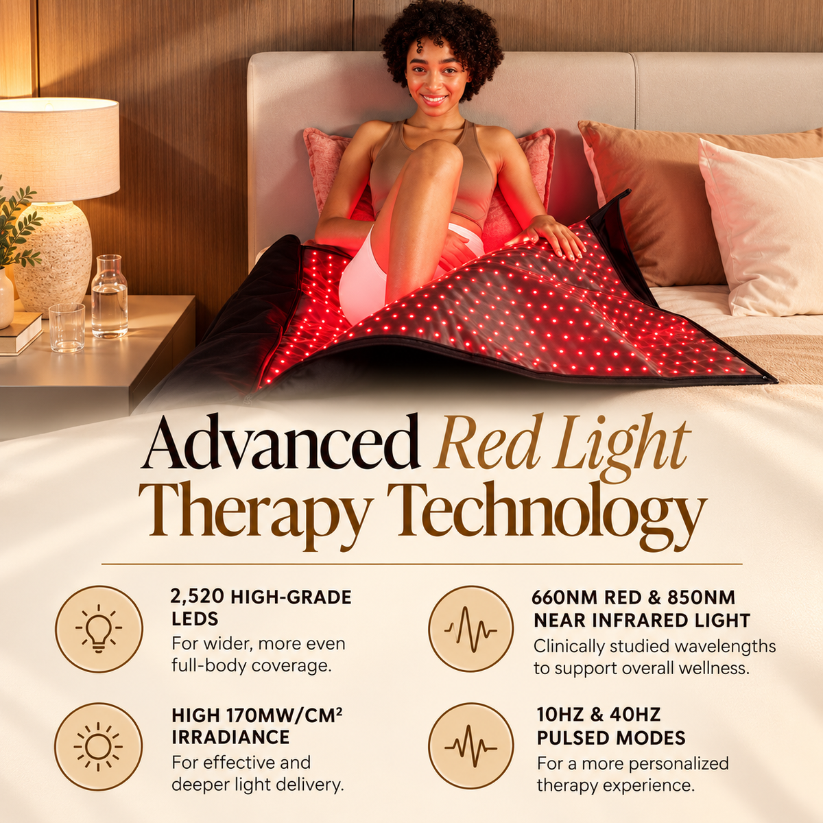 Woman relaxing in bed with the NACRE FORM™ Full Body Red Light Therapy Blanket in a premium home wellness setting. The flexible wraparound LED therapy blanket features illuminated red light panels and advanced dual-wavelength technology combining 660nm red light and 850nm near-infrared light. The product infographic highlights 2,520 LEDs for extensive full-body coverage, irradiance exceeding 170 mW/cm² and adjustable 10Hz and 40Hz pulsed modes, making this convertible red light therapy blanket a versatile 