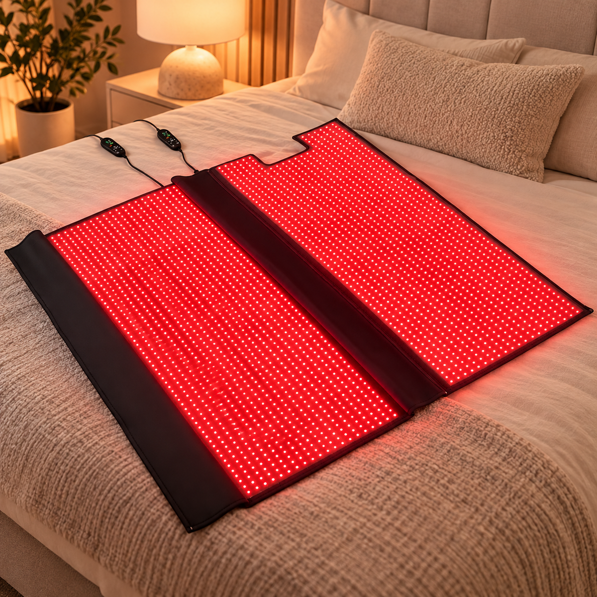 NACRE FORM™ Full Body Red Light Therapy Blanket displayed open on a luxury beige bed, featuring two connected LED therapy panels with glowing red lights and wired controllers. The flexible blanket combines 660nm red light and 850nm near-infrared technology for at-home full-body light therapy.