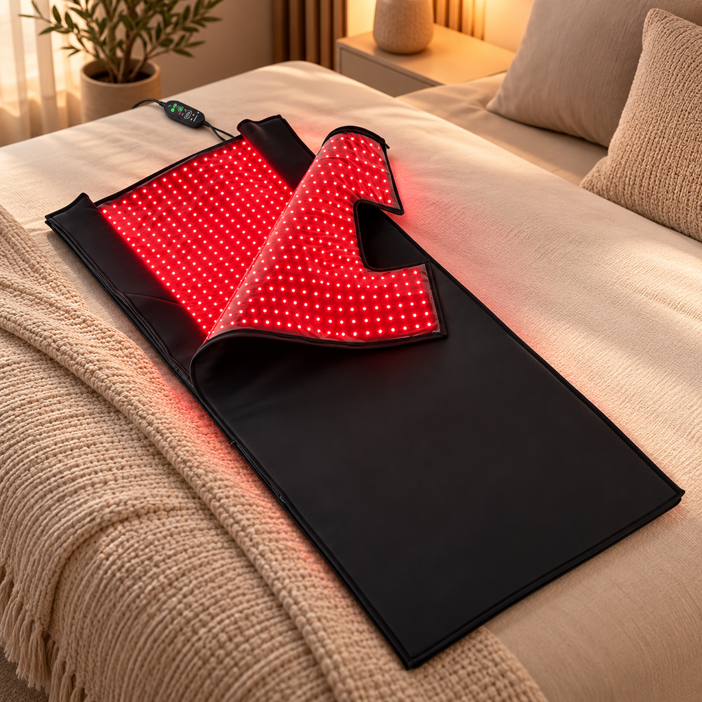 NACRE FORM™ Full Body Red Light Therapy Blanket displayed on a luxurious cream-coloured bed in a premium wellness bedroom. The flexible black LED therapy blanket features illuminated red light panels, a foldable wraparound design and a digital controller. Combining 660nm red light and 850nm near-infrared technology with 2,520 LEDs, this full body red light therapy mat is designed for convenient at-home light therapy and personal wellness routines.