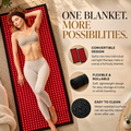 Woman relaxing on the NACRE FORM™ Full Body Red Light Therapy Blanket in a luxurious cream-toned home wellness setting. The flexible LED light therapy mat features illuminated red LEDs and a full-length design for at-home red light therapy. The product infographic highlights its convertible construction, allowing the wraparound blanket to separate into two individual red light therapy mats, alongside its rollable design and easy-clean surface. Featuring 660nm red light, 850nm near-infrared technology 