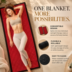 Woman relaxing on the NACRE FORM™ Full Body Red Light Therapy Blanket in a luxurious cream-toned home wellness setting. The flexible LED light therapy mat features illuminated red LEDs and a full-length design for at-home red light therapy. The product infographic highlights its convertible construction, allowing the wraparound blanket to separate into two individual red light therapy mats, alongside its rollable design and easy-clean surface. Featuring 660nm red light, 850nm near-infrared technology 