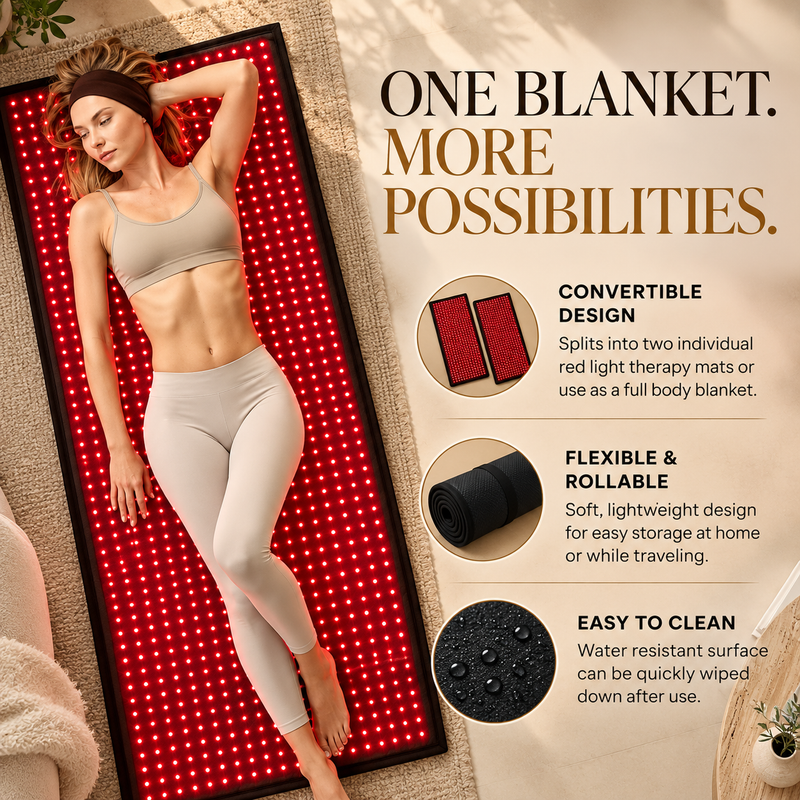 Woman relaxing on the NACRE FORM™ Full Body Red Light Therapy Blanket in a luxurious cream-toned home wellness setting. The flexible LED light therapy mat features illuminated red LEDs and a full-length design for at-home red light therapy. The product infographic highlights its convertible construction, allowing the wraparound blanket to separate into two individual red light therapy mats, alongside its rollable design and easy-clean surface. Featuring 660nm red light, 850nm near-infrared technology 