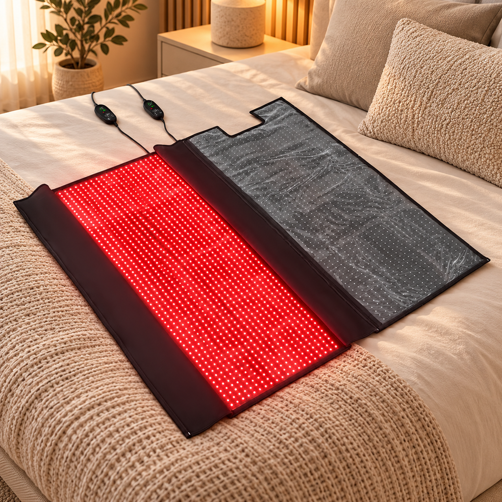 NACRE FORM™ Full Body Red Light Therapy Blanket displayed on a luxurious cream-coloured bed in a premium home wellness setting. The flexible wraparound LED therapy blanket features two connected panels, one illuminated with red LED lights and the other switched off, alongside two wired controllers. Designed with 660nm red light and 850nm near-infrared technology, this convertible full-body red light therapy blanket can separate into two individual LED therapy mats for flexible at-home wellness sessions.