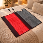 NACRE FORM™ Full Body Red Light Therapy Blanket displayed on a luxurious cream-coloured bed in a premium home wellness setting. The flexible wraparound LED therapy blanket features two connected panels, one illuminated with red LED lights and the other switched off, alongside two wired controllers. Designed with 660nm red light and 850nm near-infrared technology, this convertible full-body red light therapy blanket can separate into two individual LED therapy mats for flexible at-home wellness sessions.