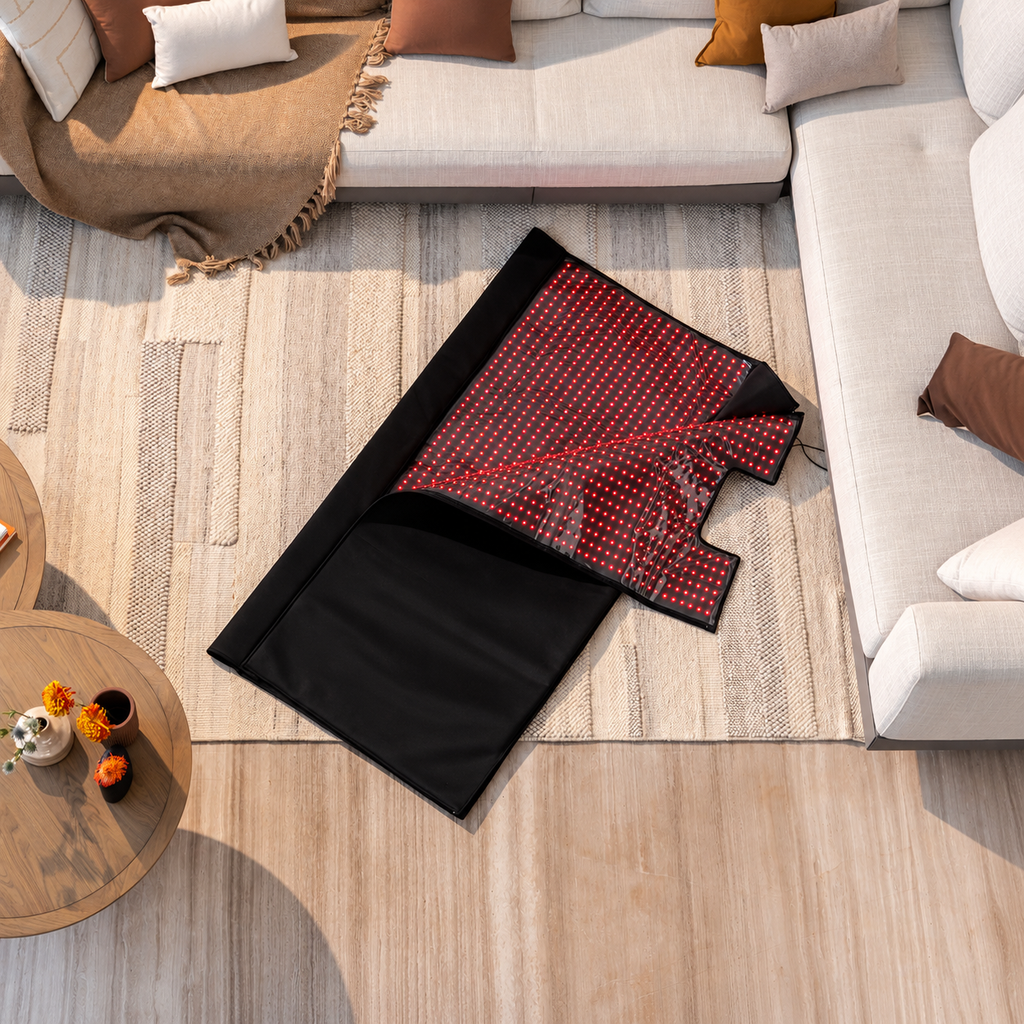 NACRE FORM™ Full Body Red Light Therapy Blanket displayed partially unfolded on a textured cream rug in a luxurious modern living room. The flexible black wraparound LED therapy blanket features a foldable design with glowing red LED lights and soft fabric panels. Combining 660nm red light and 850nm near-infrared technology, this full-body red light therapy blanket features 2,520 LEDs and can separate into two individual therapy mats, offering a versatile at-home red light therapy experience for personal we