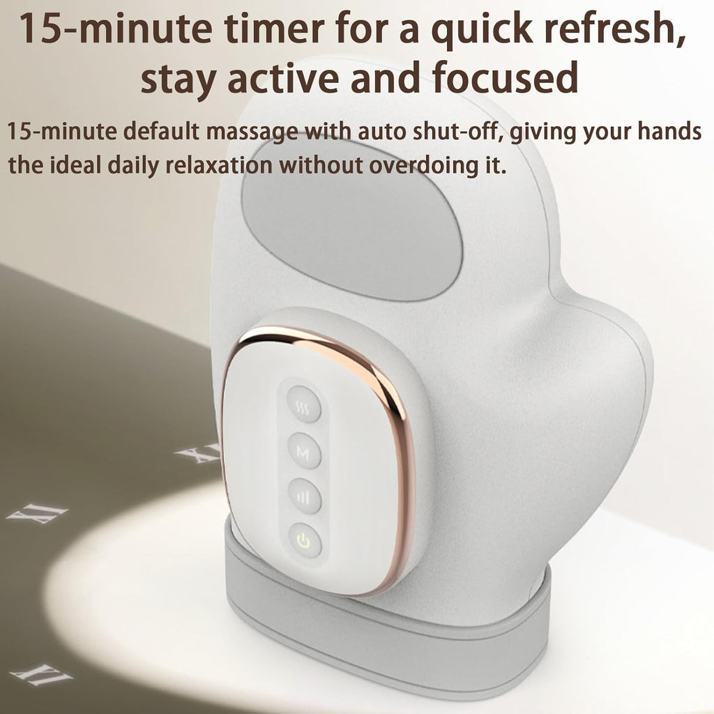 NACRE FORM™ heated hand massager featuring a 15-minute automatic timer for convenient hand massage sessions, helping tired hands unwind after typing, repetitive work and everyday activities.