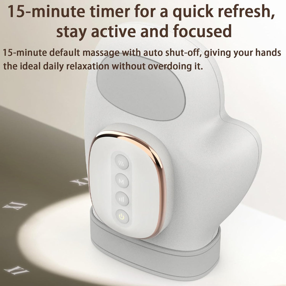 NACRE FORM™ heated hand massager featuring a 15-minute automatic timer for convenient hand massage sessions, helping tired hands unwind after typing, repetitive work and everyday activities.