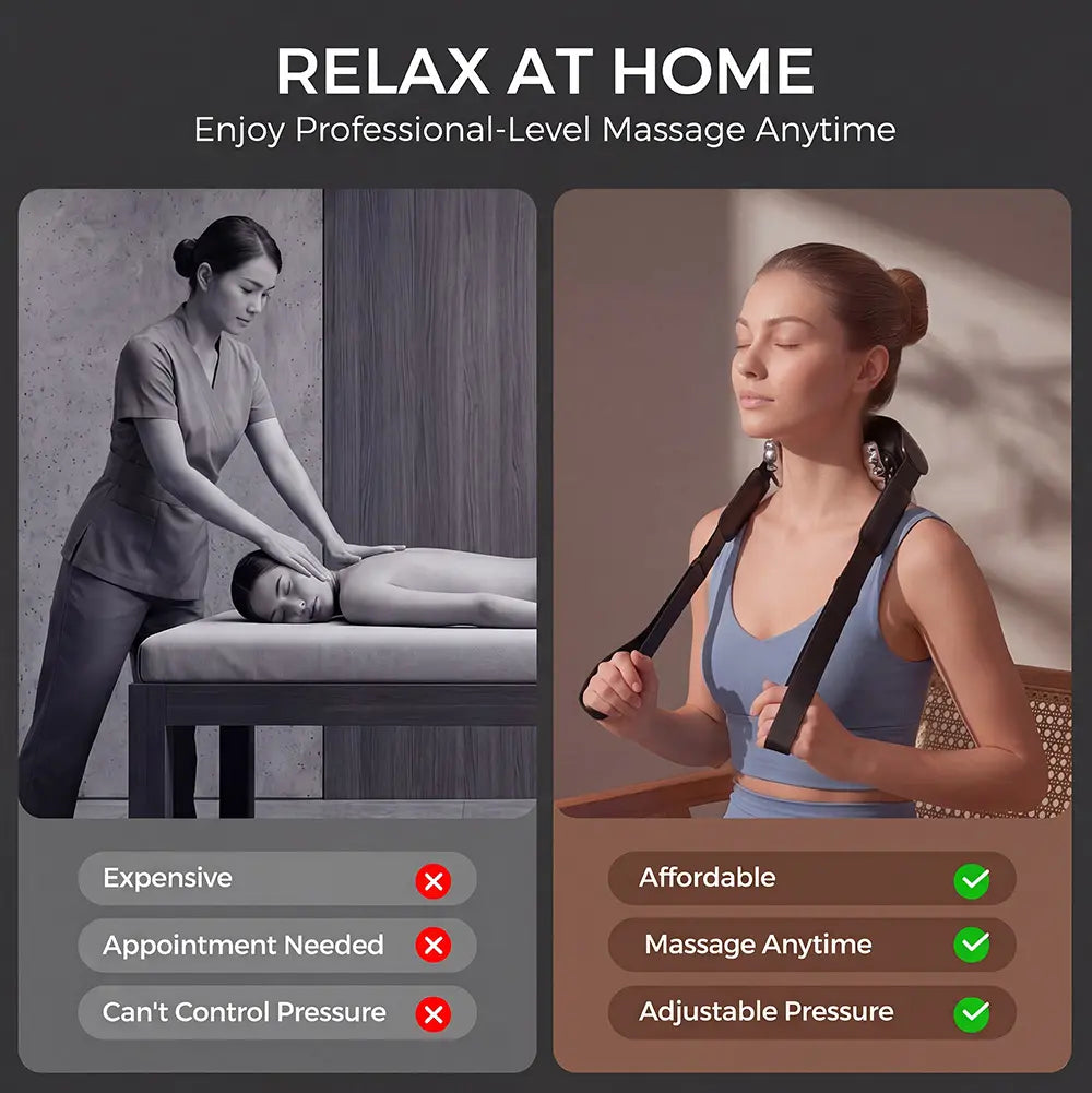 NACRE FORM™ hands-free Shiatsu neck and shoulder massager compared with a traditional massage session. The infographic features a woman using a cordless heated neck massager at home, highlighting its adjustable straps, electric kneading technology and rechargeable portable design. This wearable shoulder massager offers a convenient home massage experience with personalised settings, soothing warmth and Shiatsu-inspired movements for everyday relaxation, neck comfort and personal wellness routines.