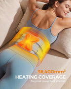 Woman relaxing on a sofa while wearing the NACRE FORM™ heated lower back massager belt, with an orange thermal illustration highlighting its 36,400 mm² heating coverage. This rechargeable back heating pad combines targeted lumbar warmth, adjustable heat settings and vibration massage in a comfortable wearable belt, designed for soothing lower back muscles, everyday relaxation and cordless home use.