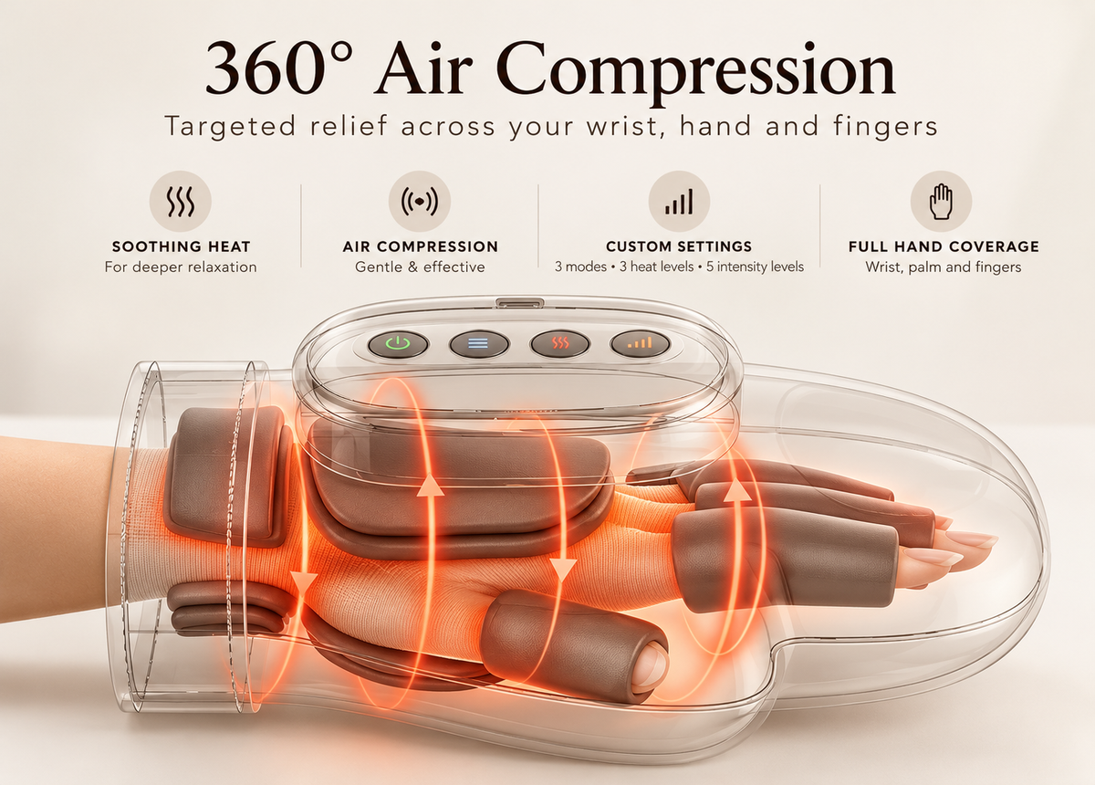 NACRE FORM™ electric hand massager with heat and 360-degree air compression, showing how adjustable pressure gently massages the fingers, palm and wrist, with 3 massage modes, 3 heat settings and 5 intensity levels for soothing hand relaxation.