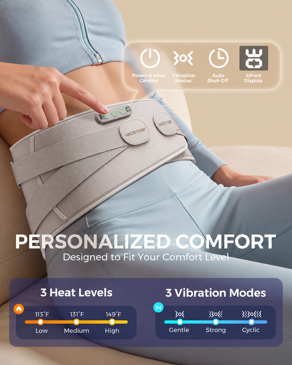 NACRE FORM™ heated lower back massager belt with adjustable lumbar support, featuring 3 heat levels, 3 vibration massage modes, smart controls and automatic shut-off. Woman wearing the rechargeable cordless back heating and massage belt while relaxing at home.