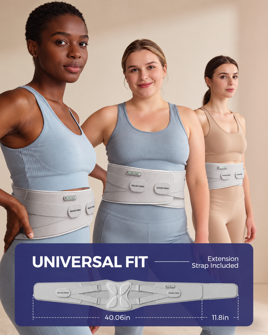 Three women wearing the NACRE FORM™ heated lower back massager belt with adjustable lumbar support, ergonomic waist straps and built-in vibration massage controls. This rechargeable back massager with heat features a universal fit design and an included extension strap for different body sizes. The product infographic shows the adjustable lower back support belt, its extended dimensions and comfortable fit for everyday relaxation, home wellness and portable heat and vibration massage.