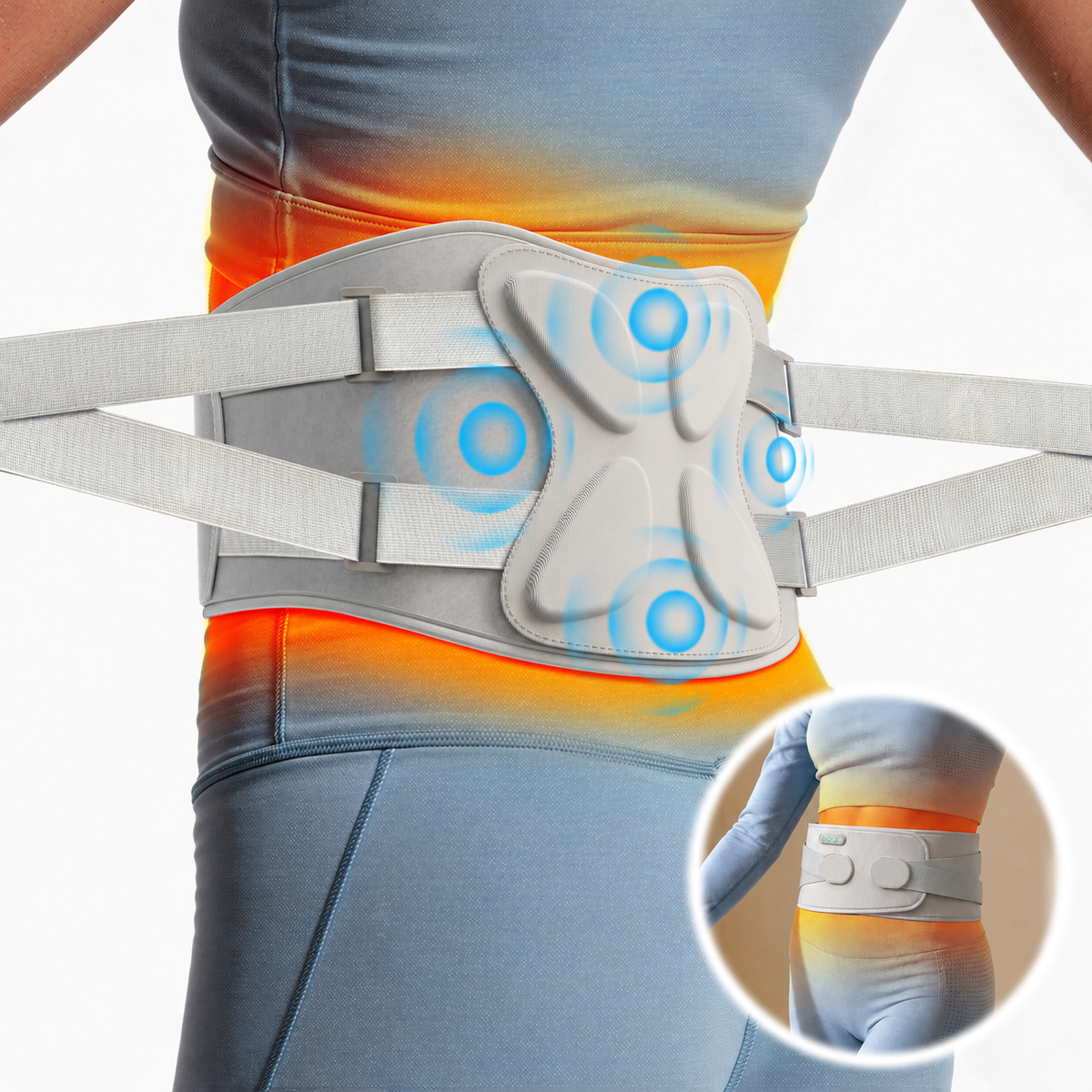 NACRE FORM™ heated lower back massager belt worn around the waist, showing targeted vibration massage zones, warming coverage and an ergonomic lumbar support panel. This adjustable back massager with heat combines a wearable heating pad, three vibration motors and supportive waist straps for comfortable lower back massage, muscle relaxation and everyday home wellness.