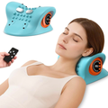 Woman relaxing with the NACRE FORM™ heated neck massager, featuring EMS, vibration and remote control for a soothing massage after long working hours, neck stiffness and everyday shoulder tension.