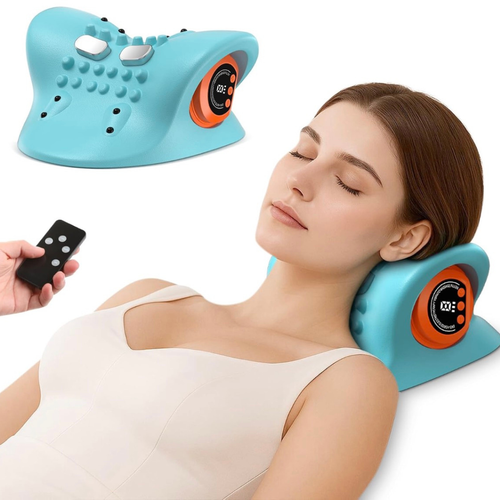 Woman relaxing with the NACRE FORM™ heated neck massager, featuring EMS, vibration and remote control for a soothing massage after long working hours, neck stiffness and everyday shoulder tension.
