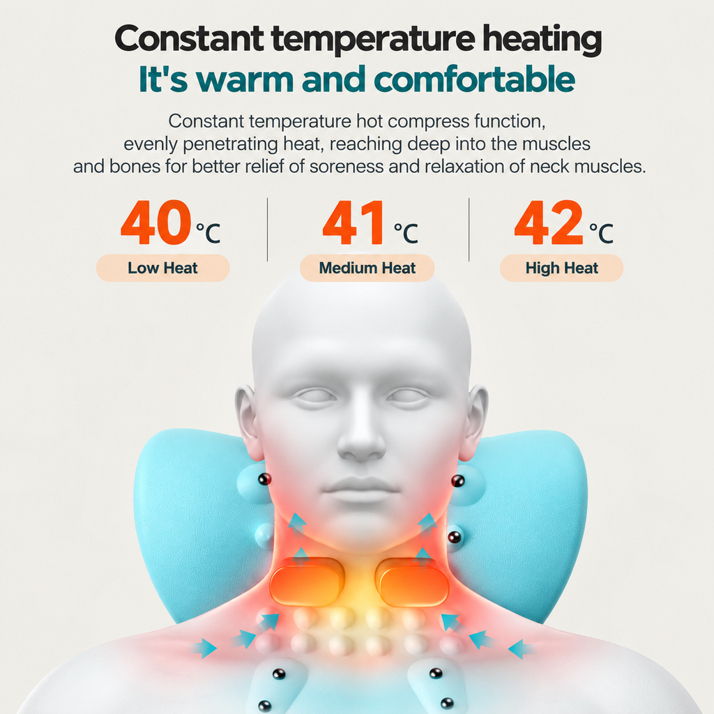 NACRE FORM™ heated neck and shoulder massager illustrating three temperature settings of 40°C, 41°C and 42°C, with comforting warmth for relaxing a stiff neck and tired shoulders after a long day.