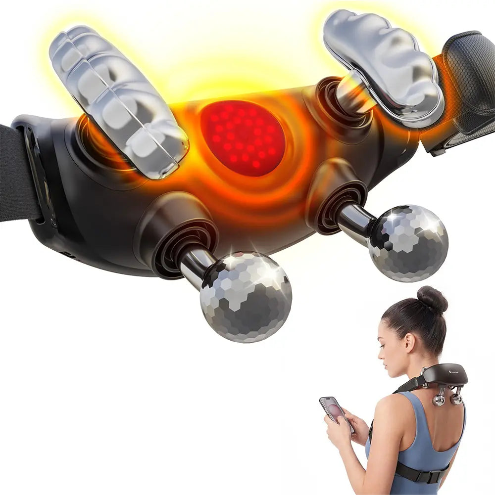 NACRE FORM™ heated Shiatsu neck and shoulder massager featuring rotating metal massage heads and integrated warming technology. The close-up infographic shows a black electric neck massager with deep kneading rollers, adjustable straps and a glowing red heating panel. Designed for hands-free use, this cordless neck massager combines Shiatsu-inspired massage movements with soothing warmth for everyday shoulder comfort, muscle relaxation and a convenient at-home massage experience.