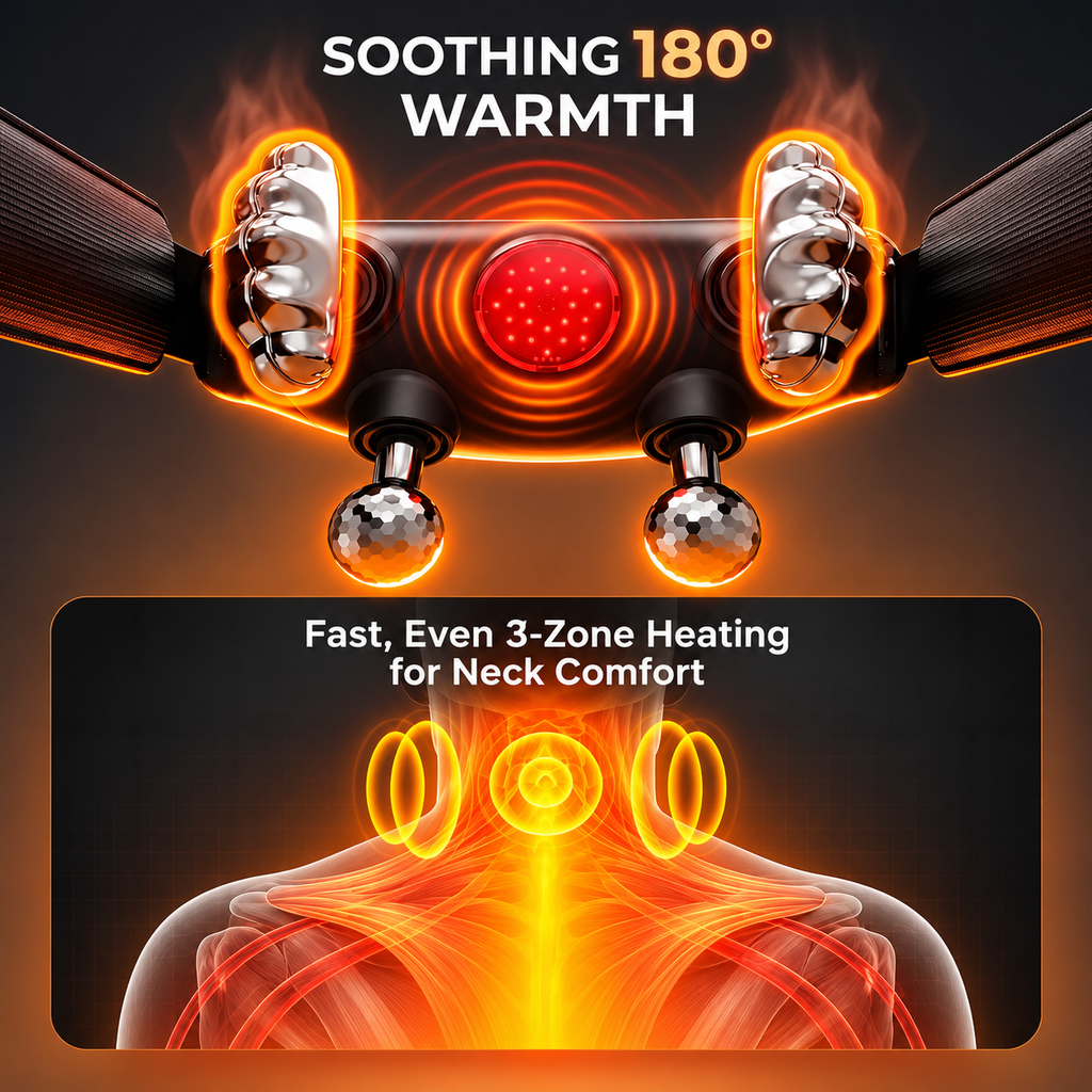 NACRE FORM™ heated Shiatsu neck and shoulder massager infographic showcasing the warming technology of a cordless electric neck massage device. The close-up image features metallic kneading massage heads, adjustable straps and a central red illuminated panel, with orange heat effects illustrating three warming zones around the neck and upper shoulders. A detailed anatomical illustration highlights the areas covered by the wearable neck massager, presenting Shiatsu-inspired kneading,
