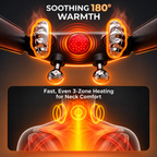 NACRE FORM™ heated Shiatsu neck and shoulder massager infographic showcasing the warming technology of a cordless electric neck massage device. The close-up image features metallic kneading massage heads, adjustable straps and a central red illuminated panel, with orange heat effects illustrating three warming zones around the neck and upper shoulders. A detailed anatomical illustration highlights the areas covered by the wearable neck massager, presenting Shiatsu-inspired kneading,