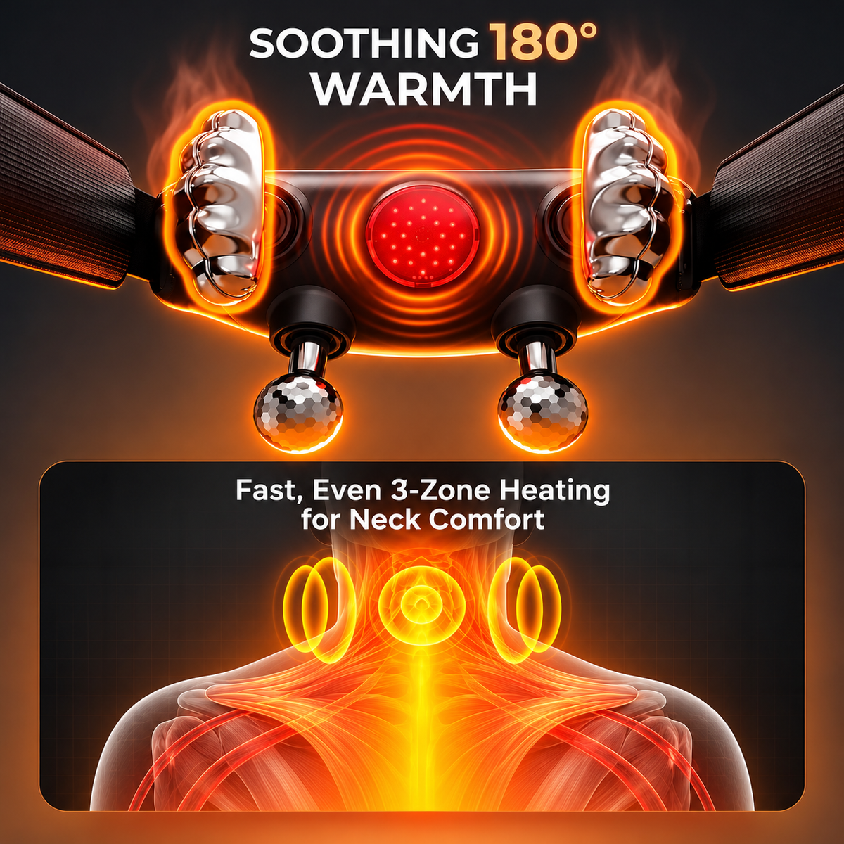 NACRE FORM™ heated Shiatsu neck and shoulder massager infographic showcasing the warming technology of a cordless electric neck massage device. The close-up image features metallic kneading massage heads, adjustable straps and a central red illuminated panel, with orange heat effects illustrating three warming zones around the neck and upper shoulders. A detailed anatomical illustration highlights the areas covered by the wearable neck massager, presenting Shiatsu-inspired kneading,