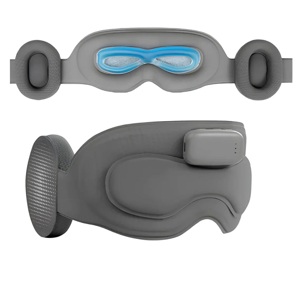 Front and inner views of the NACRE FORM™ 3D sleep mask showing the grey exterior, padded wireless headphones and blue removable gel insert positioned around the eye area. The reusable hot and cold eye compress component is designed for warm or cooling comfort, while the contoured sleep mask provides cushioning and light-blocking coverage.