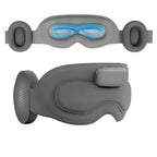 Front and inner views of the NACRE FORM™ 3D sleep mask showing the grey exterior, padded wireless headphones and blue removable gel insert positioned around the eye area. The reusable hot and cold eye compress component is designed for warm or cooling comfort, while the contoured sleep mask provides cushioning and light-blocking coverage.
