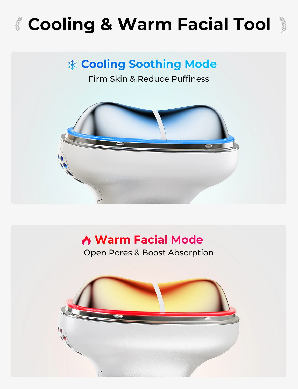 NACRE FORM™ hot and cold facial massager showing blue cooling mode and red warming mode on a handheld LED skincare device. The cooling facial tool is designed for refreshing tired-looking skin and a soothing under-eye depuffing routine, while the warming mode provides comforting facial massage. This electric gua sha face and neck massager combines temperature settings with LED light technology for daily skincare.