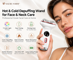 NACRE FORM™ hot and cold facial massager with 7-colour LED light therapy, shown beside a woman using the electric gua sha skincare device on her face. This rechargeable facial massage wand features cooling and heating modes, gentle vibration and automatic shut-off for an at-home face and neck skincare routine.