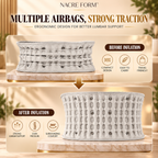 NACRE FORM™ inflatable lumbar support belt showing its multiple air chambers before and after inflation. The comparison highlights the adjustable air compression system, ergonomic design and expanded back support structure, designed to provide a personalised fit and comfortable support around the lower back.