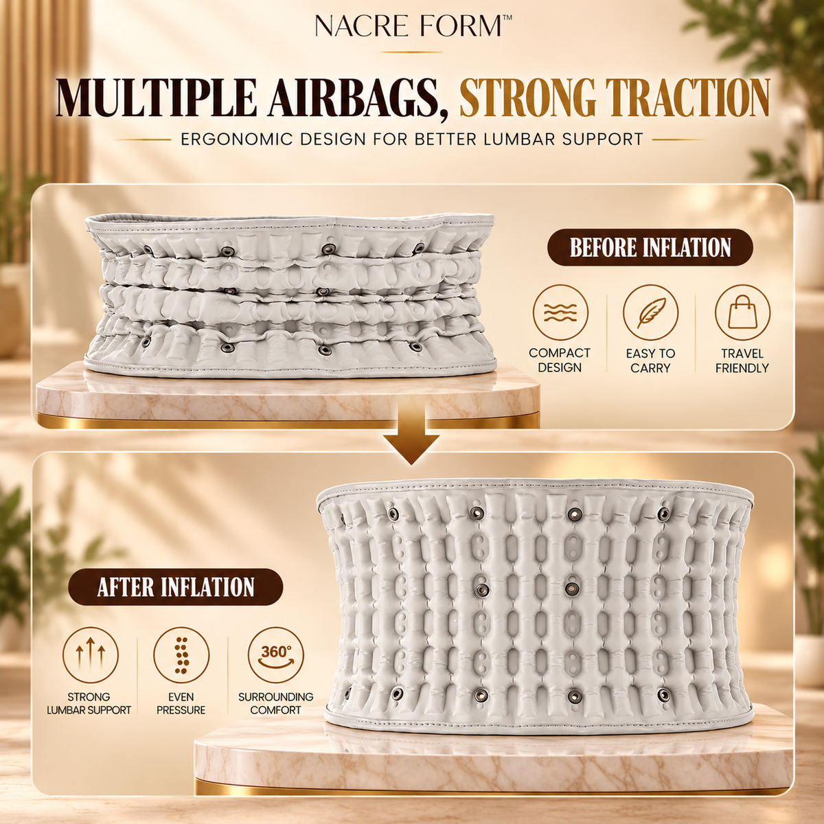NACRE FORM™ inflatable lumbar support belt showing its multiple air chambers before and after inflation. The comparison highlights the adjustable air compression system, ergonomic design and expanded back support structure, designed to provide a personalised fit and comfortable support around the lower back.
