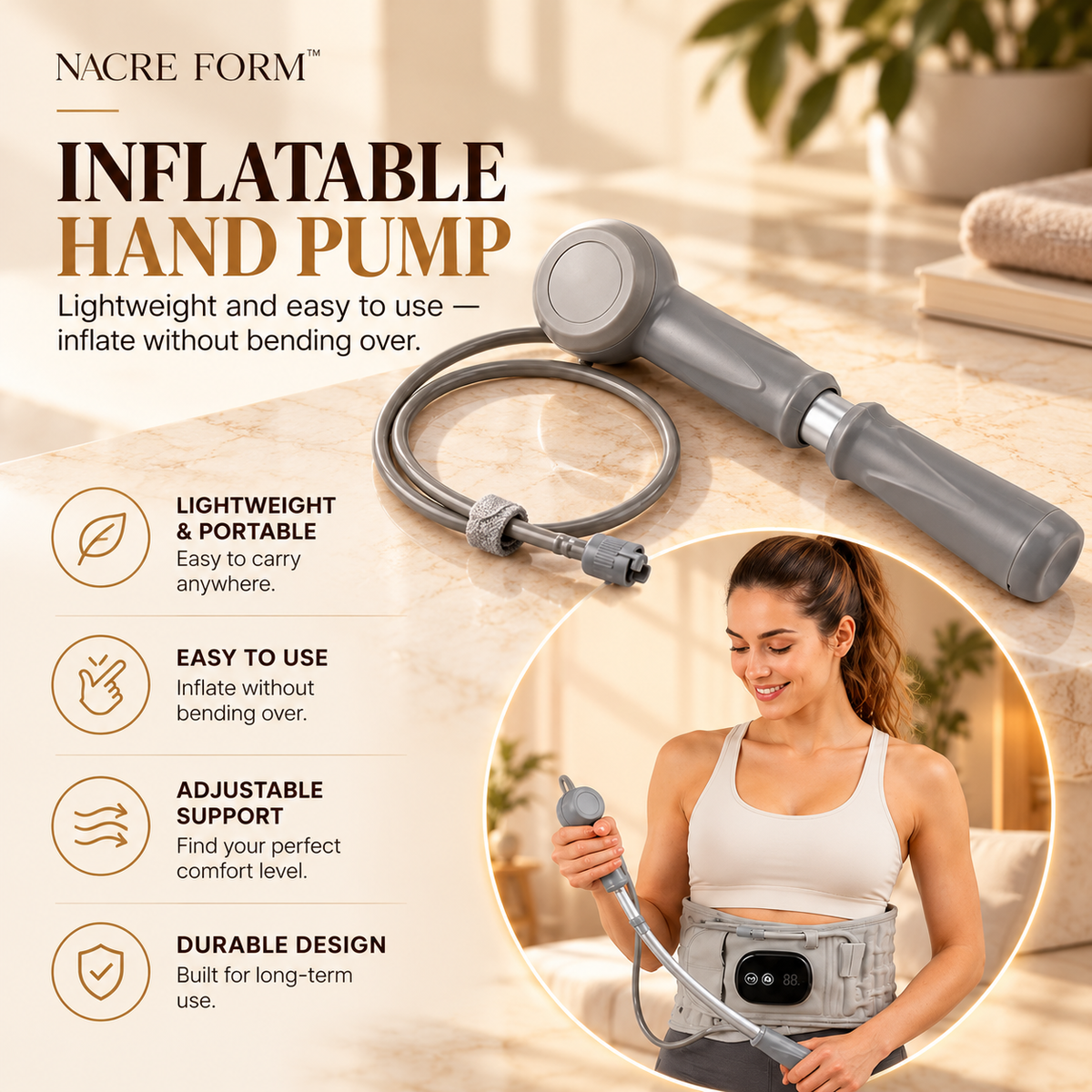 NACRE FORM™ inflatable lumbar support belt with a lightweight grey manual hand air pump, flexible inflation tube and adjustable connector, displayed on an elegant marble surface. The image also shows a woman wearing the heated lower back massager and using the hand pump to adjust the inflatable back support belt around her waist. Designed for convenient inflation without bending over, the portable air pump allows users to personalise the fit and pressure of their lumbar support belt.