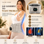 NACRE FORM™ inflatable lumbar support belt and lower back massager with heat, shown worn around a woman's waist with an adjustable grey air compression belt and digital control panel. The product illustration highlights lumbar support, soothing heat therapy and vibration massage for everyday lower back comfort. A close-up shows the inflatable back support belt and its controls, alongside diagrams illustrating the lumbar support area. Designed for women and men seeking a wearable heated back massager