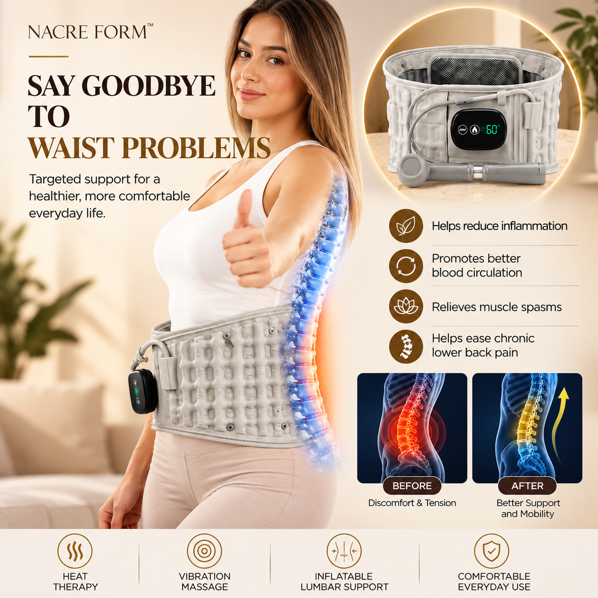 NACRE FORM™ inflatable lumbar support belt and lower back massager with heat, shown worn around a woman's waist with an adjustable grey air compression belt and digital control panel. The product illustration highlights lumbar support, soothing heat therapy and vibration massage for everyday lower back comfort. A close-up shows the inflatable back support belt and its controls, alongside diagrams illustrating the lumbar support area. Designed for women and men seeking a wearable heated back massager