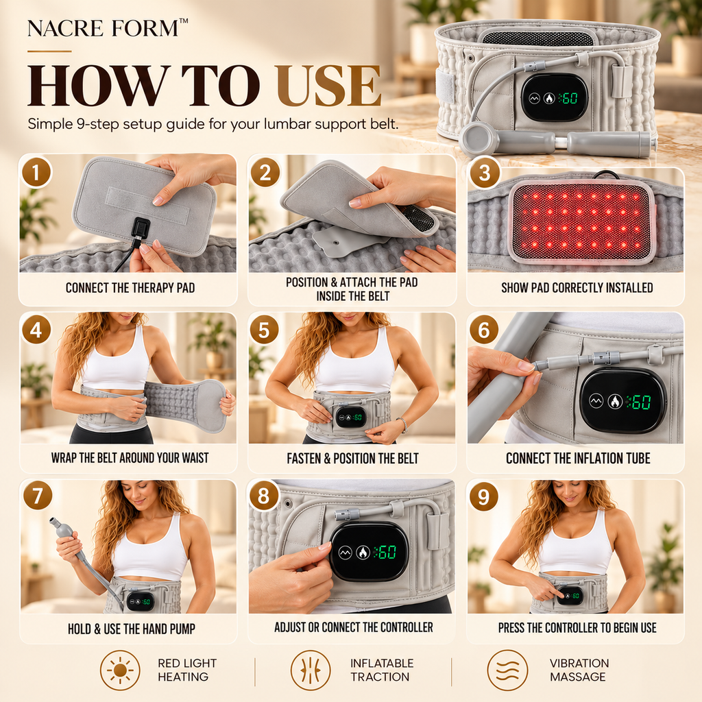 NACRE FORM™ step-by-step illustrated guide showing how to use an inflatable lumbar support belt with heat and vibration massage. Nine instructional images demonstrate connecting and positioning the therapy pad, wrapping and fastening the grey lower back support belt, attaching the inflation tube, using the manual hand pump to adjust air pressure and operating the digital controller. The guide highlights the belt’s red-light heating, inflatable lumbar support and vibration massage functions for personalised 