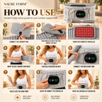 NACRE FORM™ step-by-step illustrated guide showing how to use an inflatable lumbar support belt with heat and vibration massage. Nine instructional images demonstrate connecting and positioning the therapy pad, wrapping and fastening the grey lower back support belt, attaching the inflation tube, using the manual hand pump to adjust air pressure and operating the digital controller. The guide highlights the belt’s red-light heating, inflatable lumbar support and vibration massage functions for personalised 