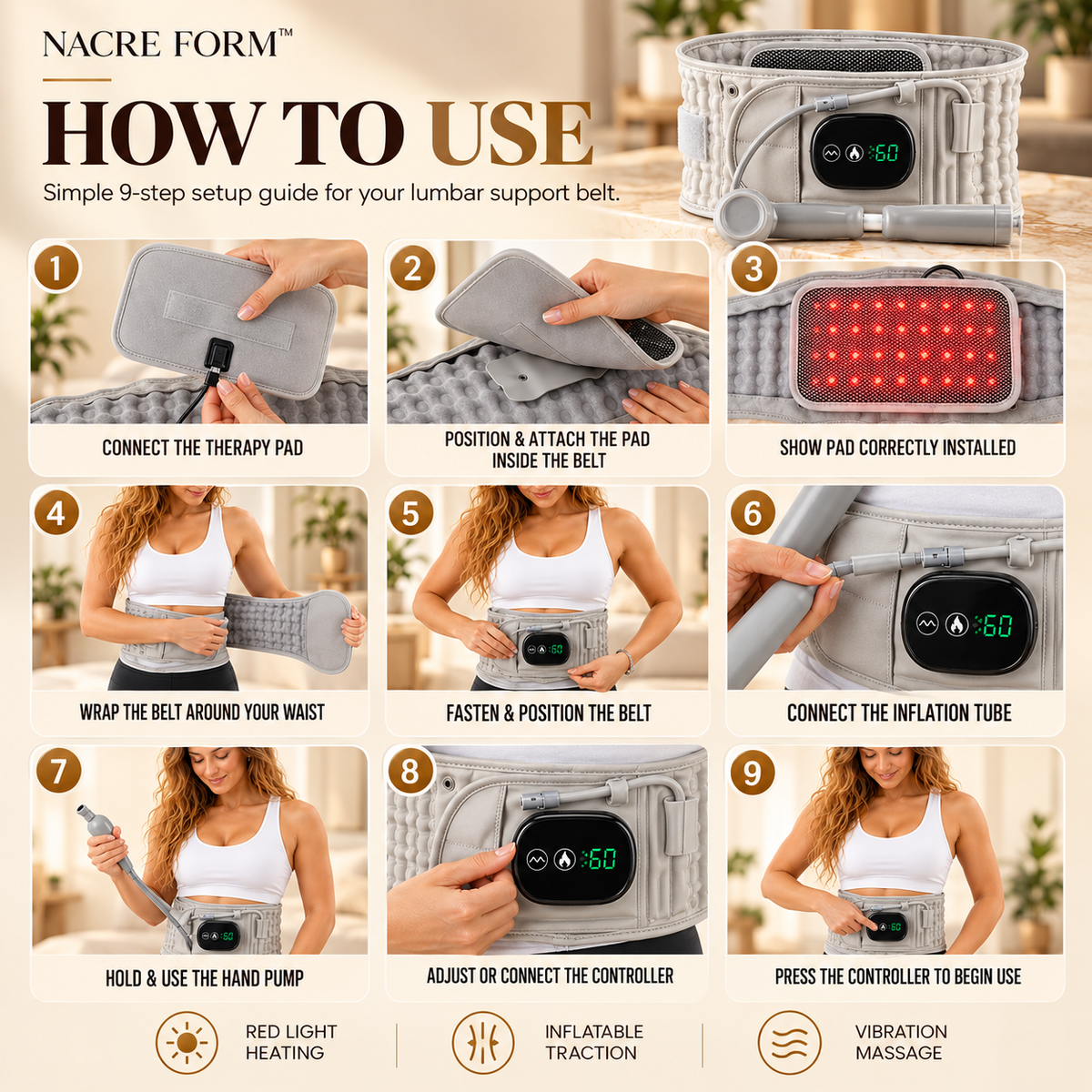 NACRE FORM™ step-by-step illustrated guide showing how to use an inflatable lumbar support belt with heat and vibration massage. Nine instructional images demonstrate connecting and positioning the therapy pad, wrapping and fastening the grey lower back support belt, attaching the inflation tube, using the manual hand pump to adjust air pressure and operating the digital controller. The guide highlights the belt’s red-light heating, inflatable lumbar support and vibration massage functions for personalised 