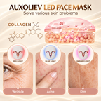 NACRE FORM™ LED light therapy face mask infographic showing red light for fine lines and wrinkles, blue light for acne-prone skin, and infrared light for skincare, alongside a collagen illustration.