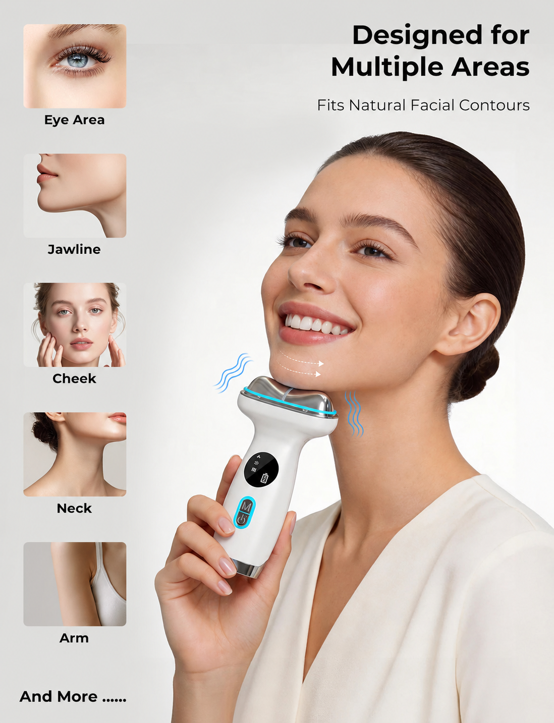 NACRE FORM™ 7-in-1 LED face and neck massager used by a woman along her jawline, showing different facial treatment areas. This electric gua sha beauty device combines hot and cold facial care, LED light therapy and gentle vibration for the cheeks, under-eye area, jawline and neck. A handheld facial massager designed for everyday skincare, facial massage and a refreshed-looking complexion.