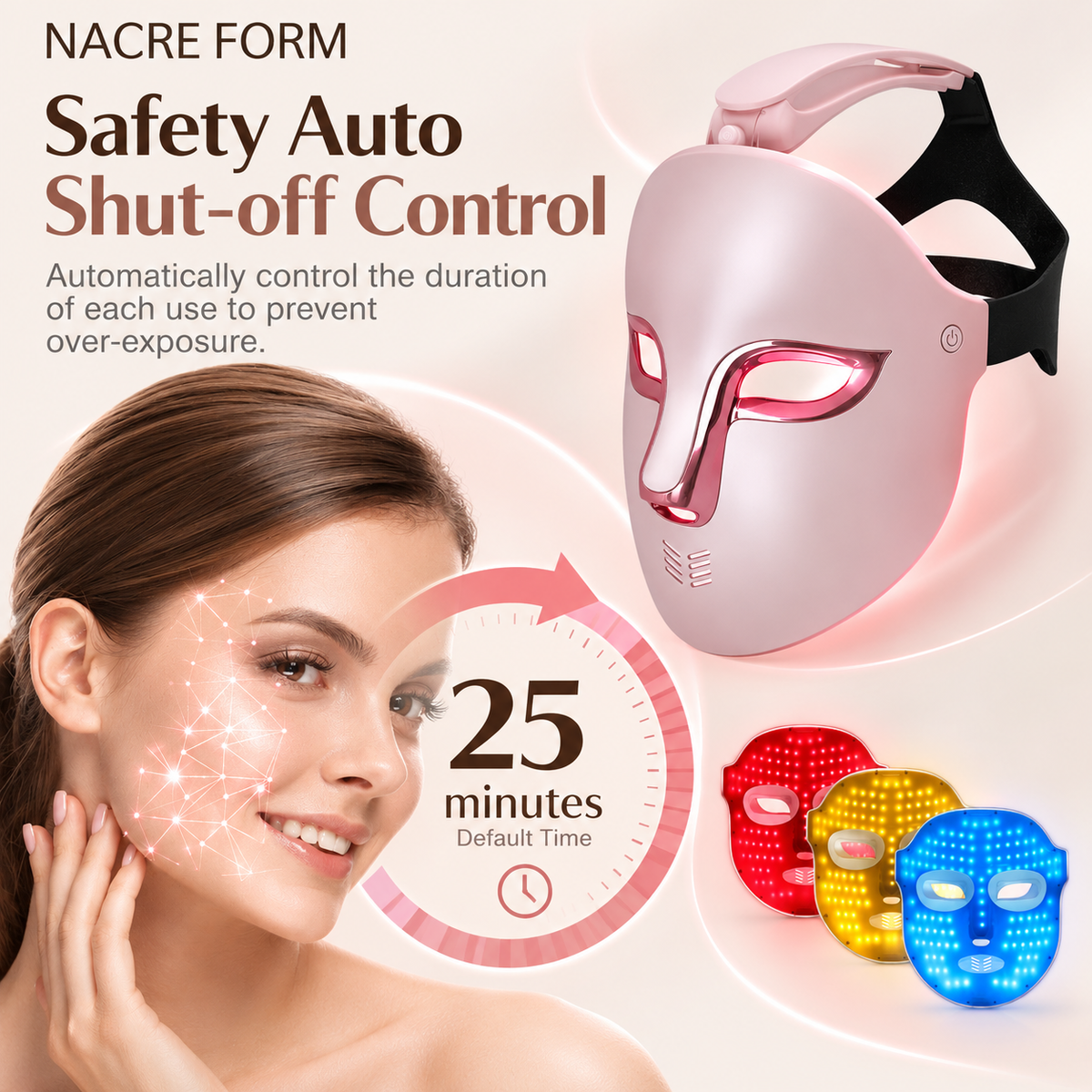 NACRE FORM LED Light Therapy Face Mask with automatic shut-off timer for convenient at-home facial skincare. Product infographic featuring a pink LED facial mask with rose metallic eye detailing, adjustable black head strap and wireless design, alongside a smiling woman and a 25-minute treatment timer. The image highlights the automatic shut-off control, designed to manage LED light therapy session duration, and illustrates red, blue and yellow LED light modes. 