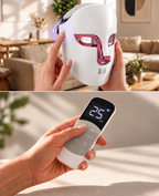 White LED light therapy face mask with rose-gold detailing and wireless remote control. Close-up of the mask's touch power button and digital remote displaying a 25-minute timer, with adjustable light colour and intensity controls.