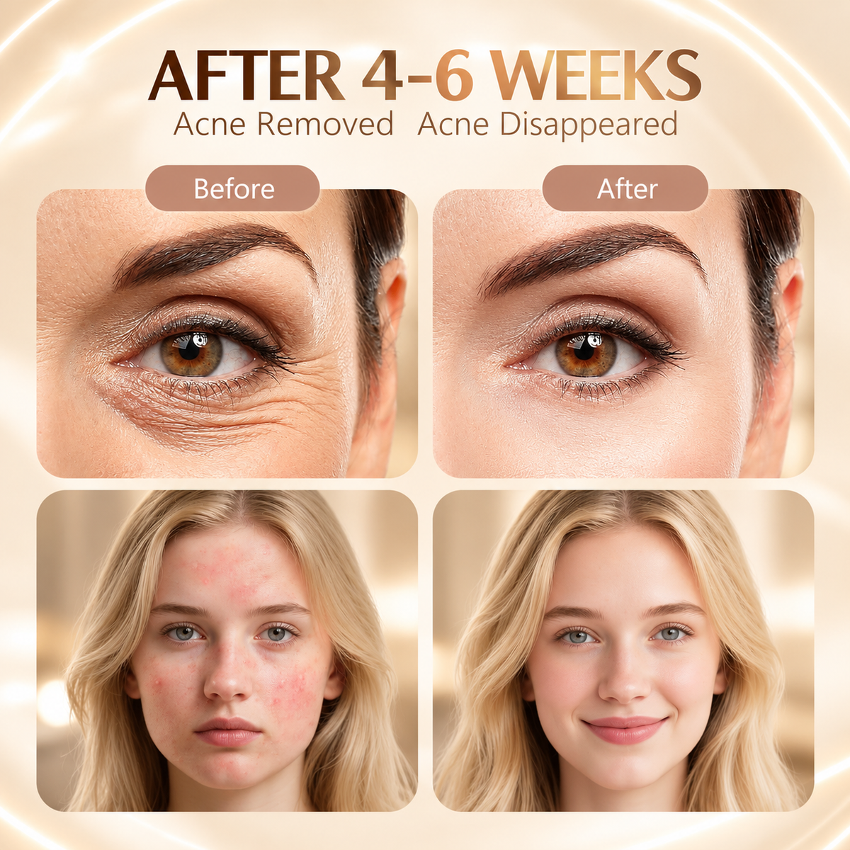 Before and after skincare comparison illustrating smoother-looking skin, reduced appearance of fine lines and clearer-looking complexion for NACRE FORM™ LED light therapy face mask.