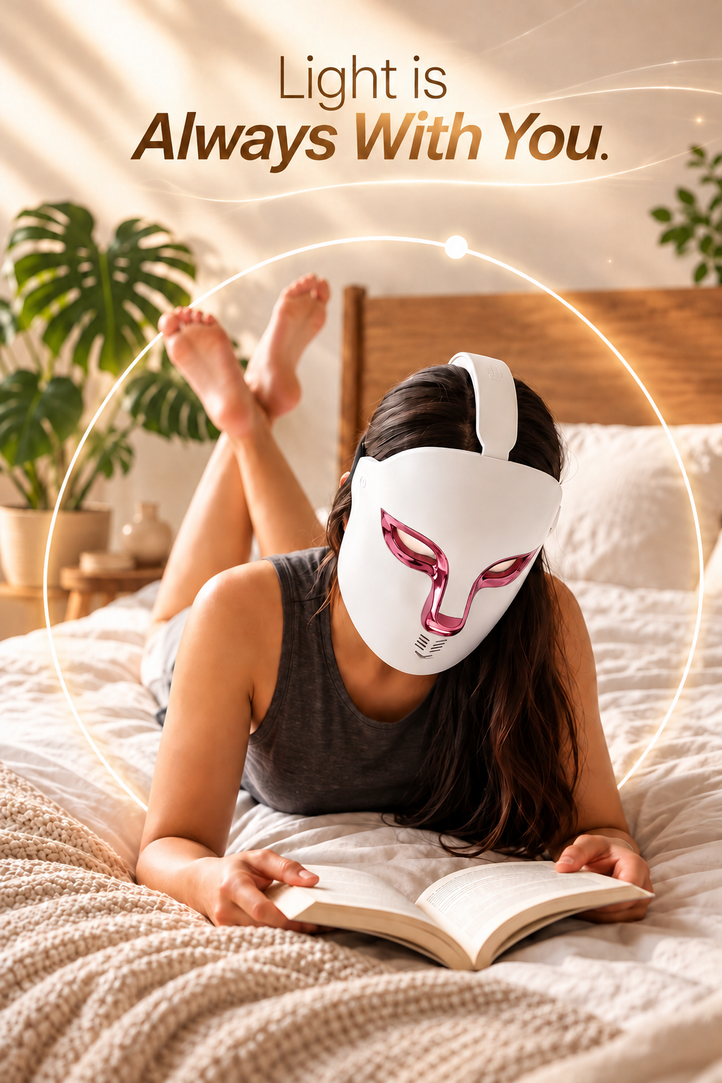 Woman relaxing on a comfortable bed while reading a book and wearing a white and silver LED red light therapy face mask with an adjustable head strap. The NACRE FORM™ rechargeable facial beauty device is designed for convenient at-home skincare, featuring red, blue, pink and near-infrared light settings. This hands-free LED light therapy mask complements everyday facial care, anti-ageing skincare routines and relaxing self-care moments at home.