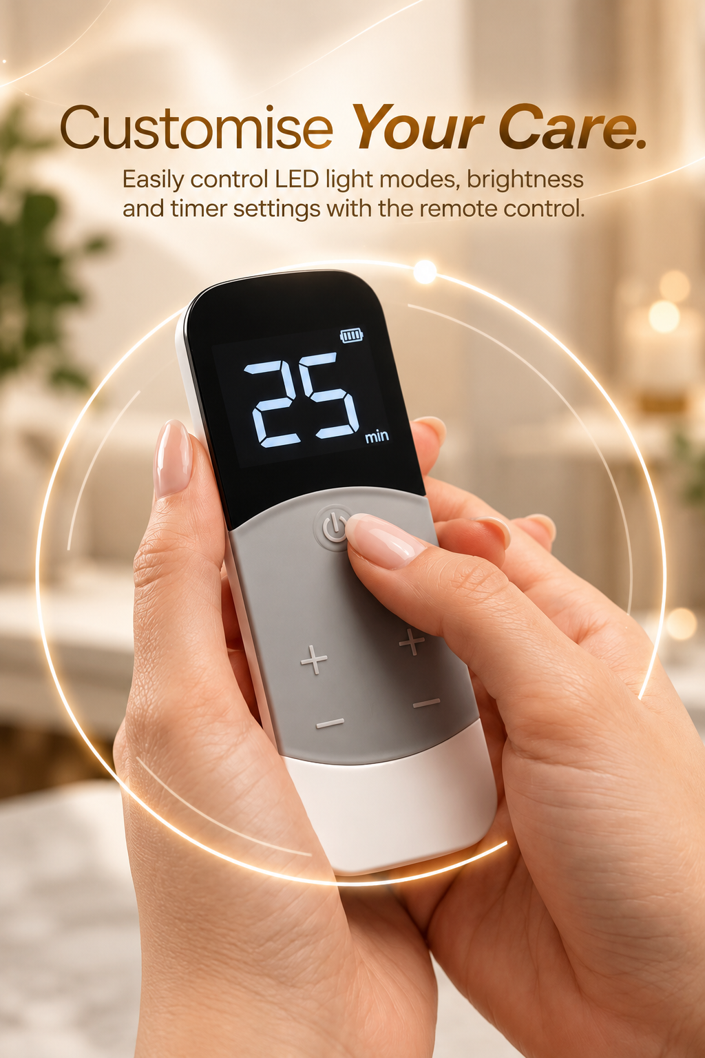 Close-up of the digital remote control for the NACRE FORM™ rechargeable LED red light therapy face mask, featuring a 25-minute timer display, power button and adjustable controls. The handheld controller allows users to customise LED light modes, brightness and timer settings for a personalised at-home facial skincare routine. Designed for convenient use with a wireless LED face mask offering red, blue, pink and near-infrared light options.