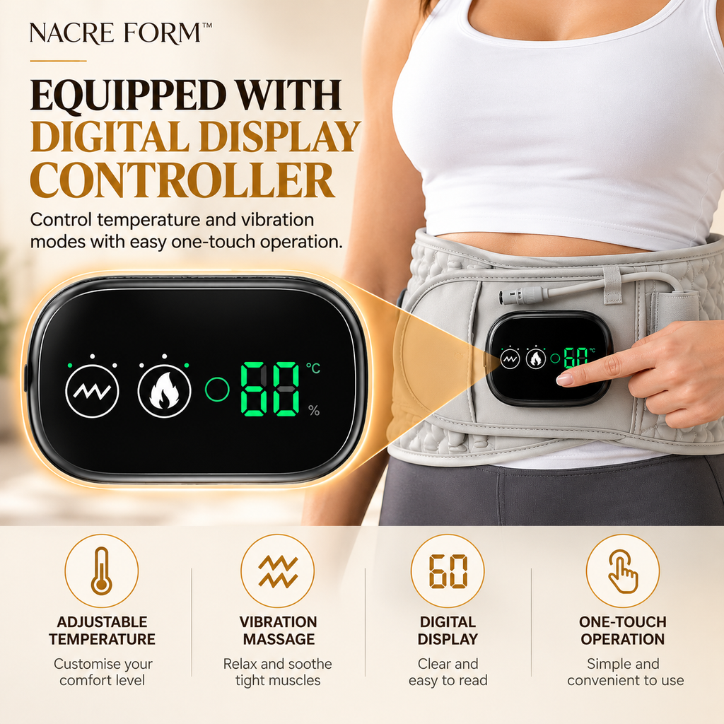 NACRE FORM™ lower back massager with heat and inflatable lumbar support belt featuring a digital temperature controller. Close-up of the illuminated display showing heat and vibration massage controls, alongside a woman wearing the adjustable grey back support belt. The one-touch controller allows users to personalise their heating and massage settings for everyday comfort.