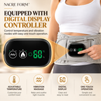 NACRE FORM™ lower back massager with heat and inflatable lumbar support belt featuring a digital temperature controller. Close-up of the illuminated display showing heat and vibration massage controls, alongside a woman wearing the adjustable grey back support belt. The one-touch controller allows users to personalise their heating and massage settings for everyday comfort.