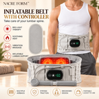 NACRE FORM™ grey inflatable lumbar support belt with digital controller, worn by a man around his lower back. The product display highlights the adjustable air chambers, manual inflation pump, heating pad and vibration massage functions. Designed for personalised lower back support and everyday comfort.
