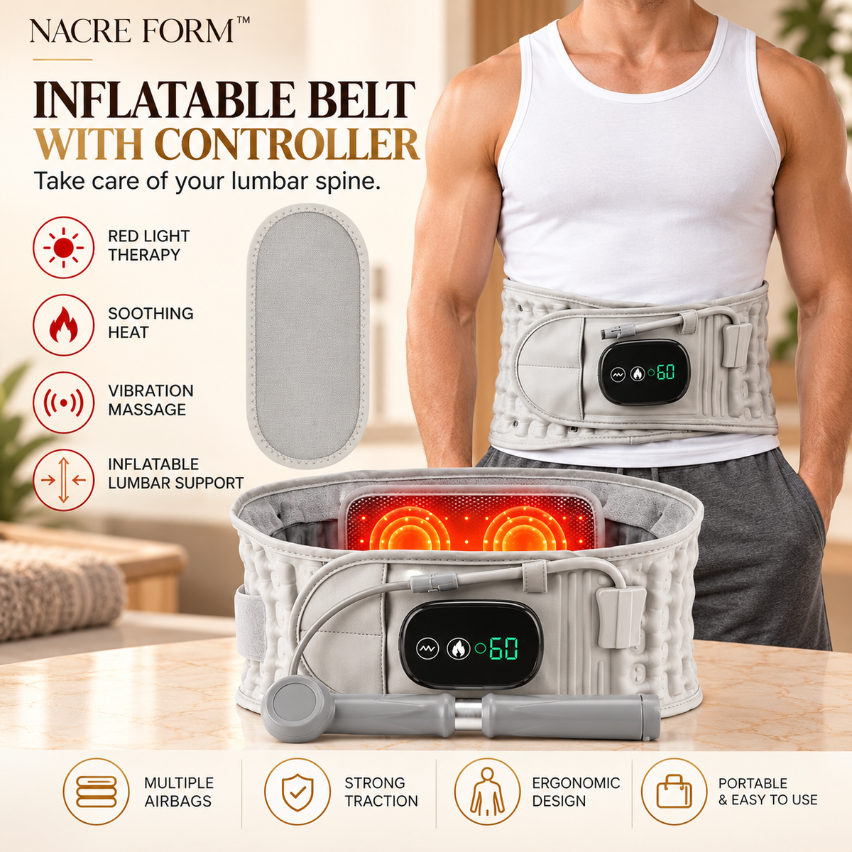NACRE FORM™ grey inflatable lumbar support belt with digital controller, worn by a man around his lower back. The product display highlights the adjustable air chambers, manual inflation pump, heating pad and vibration massage functions. Designed for personalised lower back support and everyday comfort.